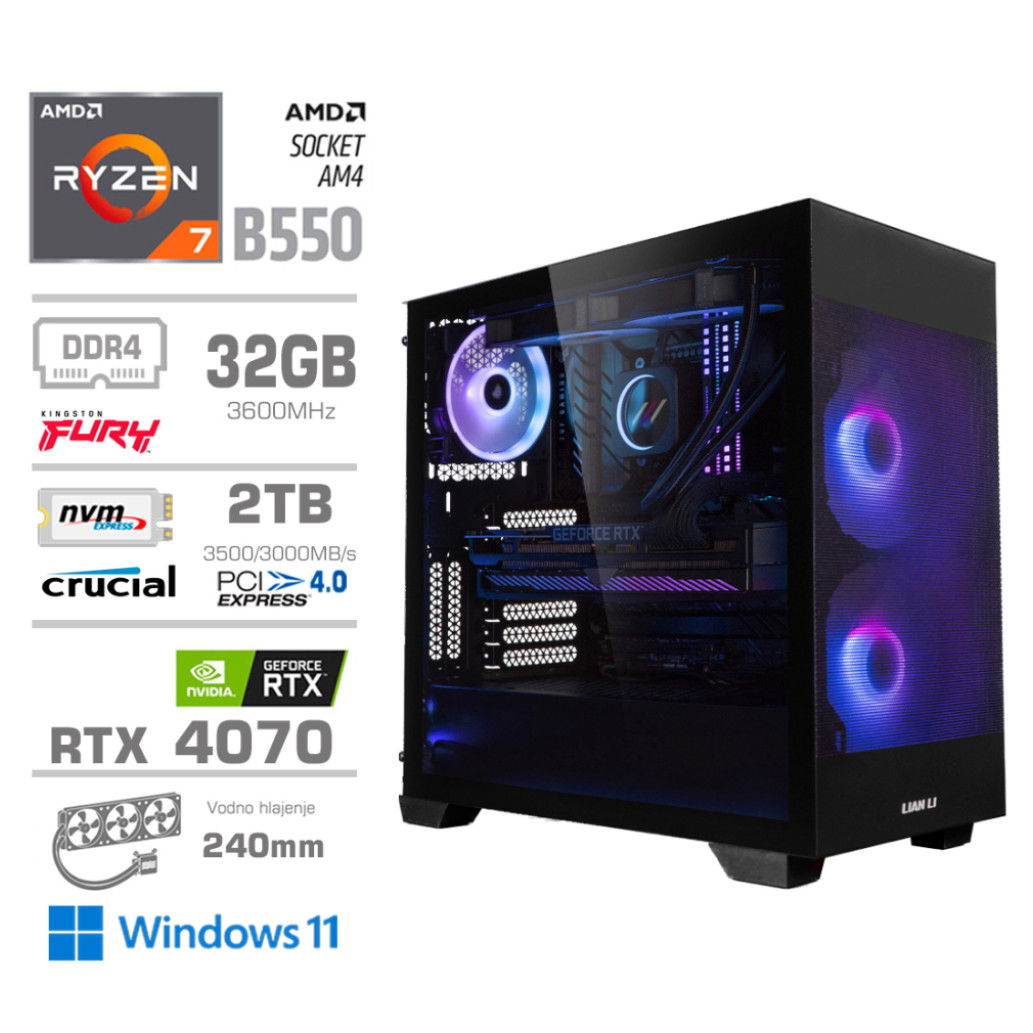 Računalnik MEGA MT S7X R7-5800X | RTX 4070 | 32GB | 2TB | 750W | Win11Home | Črna | RGB | Gaming Računalnik