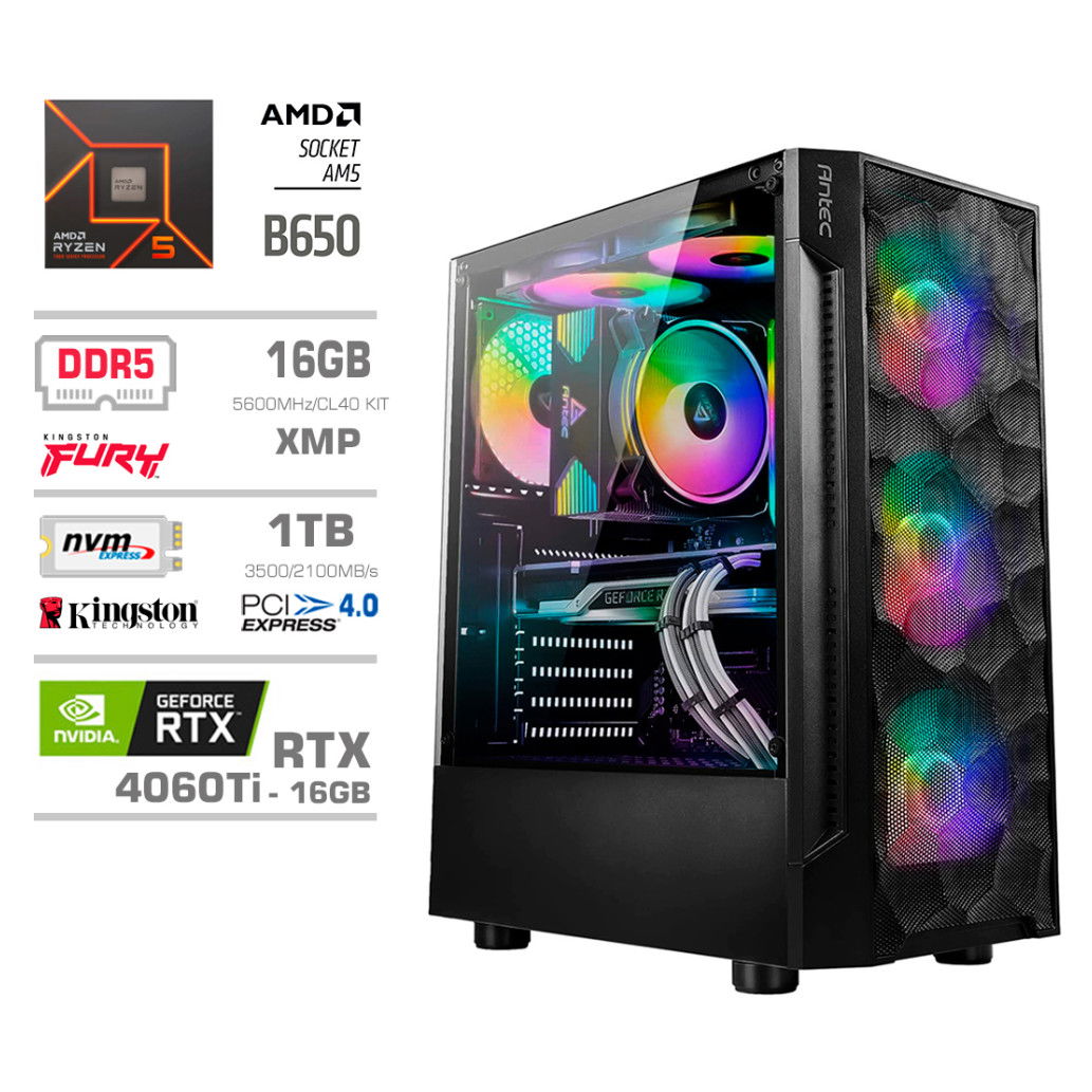 Računalnik MEGA TWR S7 R5-7600 | RTX 4060 Ti 16GB | 16GB DDR5 | 1TB | 750W | Brez OS | RGB | Gaming Računalnik